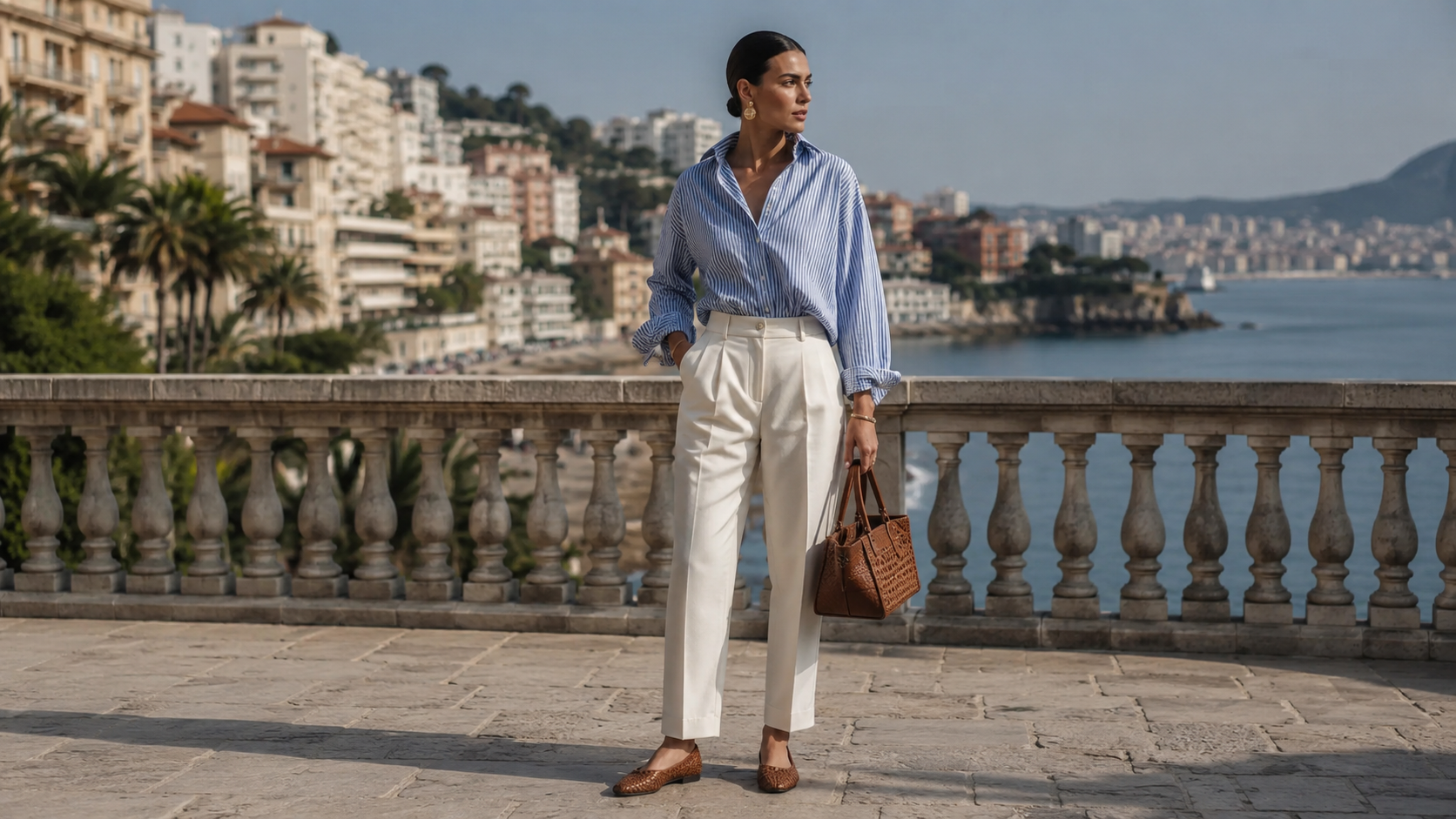 Blue Striped Coastal Chic Outfit with Cream Trousers
